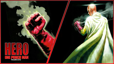 A dynamic HD wallpaper featuring Saitama from One-Punch Man, showcasing his iconic fist and cape, embodying the essence of this powerful anime hero.