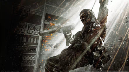 A dynamic HD desktop wallpaper featuring intense action from Call Of Duty: Black Ops, showcasing a soldier in mid-movement with a weapon, set against an explosive backdrop.