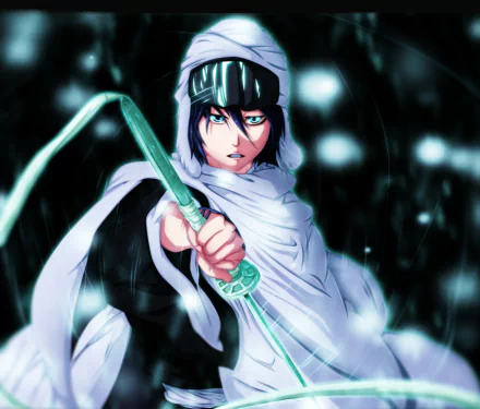 A striking HD wallpaper featuring Rukia Kuchiki from the anime Bleach, showcasing her black hair and eyes, wielding a katana with a determined expression in a dramatic setting.