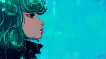 HD desktop wallpaper featuring Tatsumaki from One-Punch Man, depicted in an artistic side profile with a vibrant blue background.