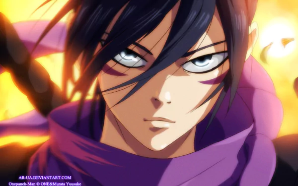 HD wallpaper featuring Sonic from One-Punch Man, showcasing his intense expression and distinctive style against a dynamic background. A striking anime art piece.