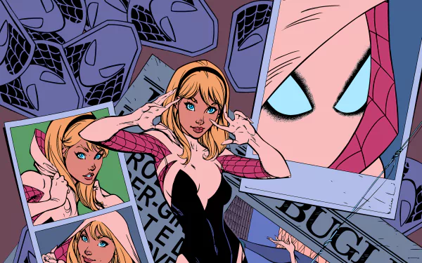 Comic-style Spider-Gwen 4K Ultra HD desktop wallpaper featuring dynamic panels with Spider-Gwen and close-up of Spider-Man’s eyes in a vibrant cityscape background.