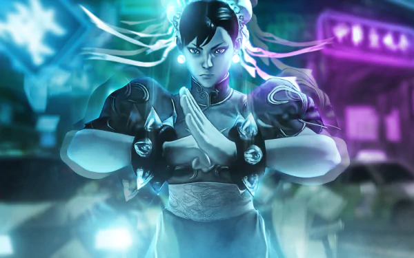 Chun-Li from Street Fighter V stands confidently in this HD wallpaper, showcasing her dynamic character against a vibrant city backdrop, embodying the spirit of the iconic video game series.
