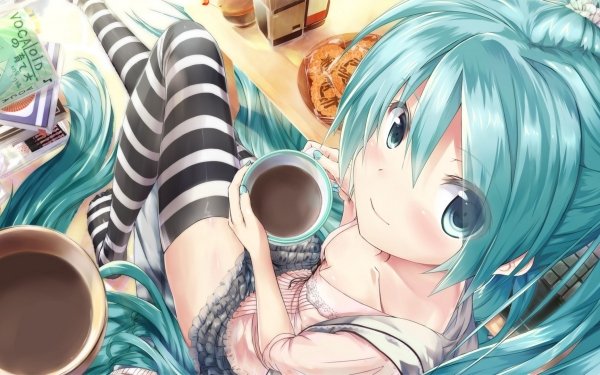Anime Vocaloid Kaffee Hatsune Miku Musik Long Hair Aqua Hair Twintails Thigh Highs Aqua Eyes Getränk Buch Blush HD Wallpaper | Hintergrund