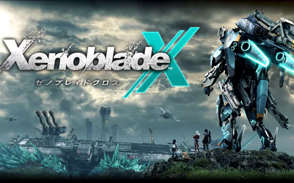 HD wallpaper of Xenoblade Chronicles X, featuring a mech and characters with the game's logo prominently displayed.