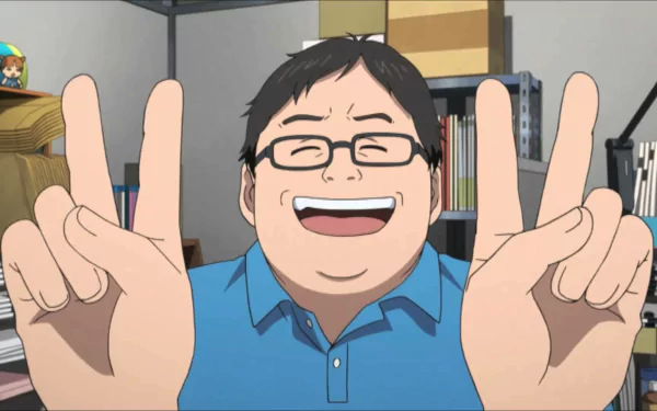 HD desktop wallpaper featuring a cheerful character from Shirobako anime, making peace signs with both hands.