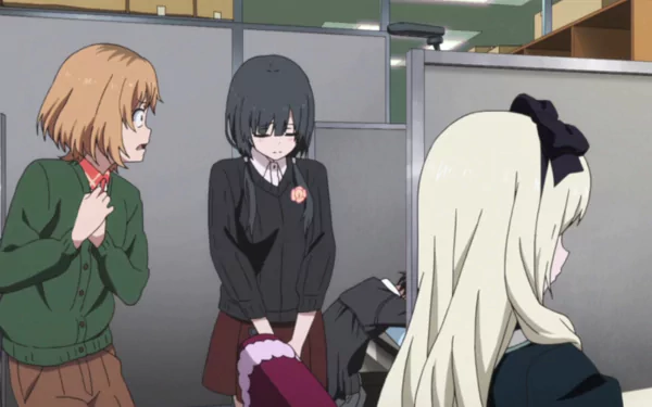 HD desktop wallpaper featuring characters from Shirobako in a casual office setting.