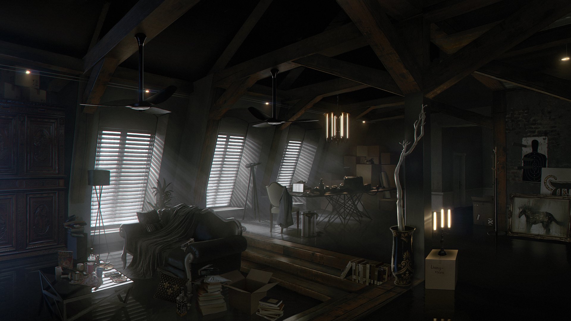 Deus Ex: Mankind Divided 2K Quad HD PC wallpaper — dim industrial loft office with exposed beams, slatted window light, cluttered tech desk, crates and a moody cyberpunk atmosphere.