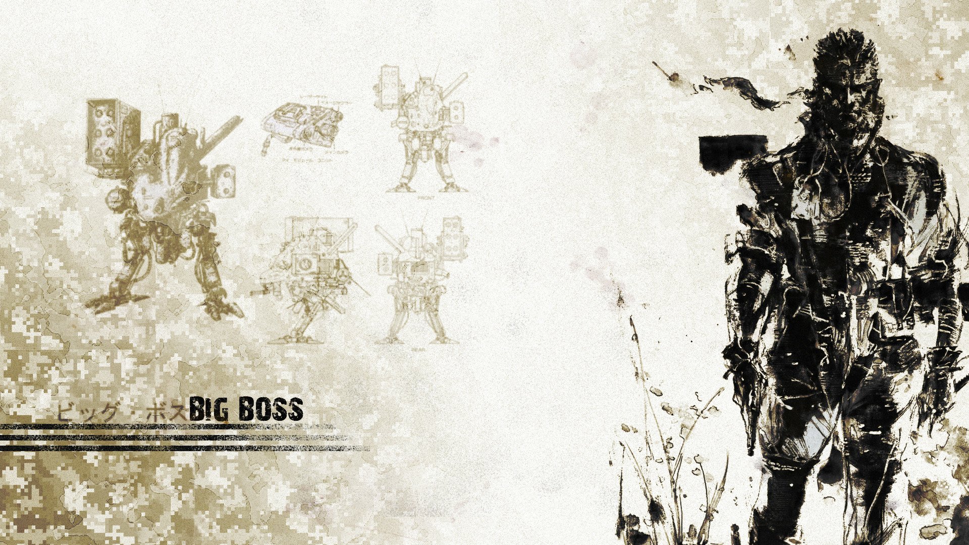 HD PC desktop wallpaper of the Metal Gear video game: gritty sepia artwork with a Big Boss silhouette on the right, mech schematics and BIG BOSS text on the left.