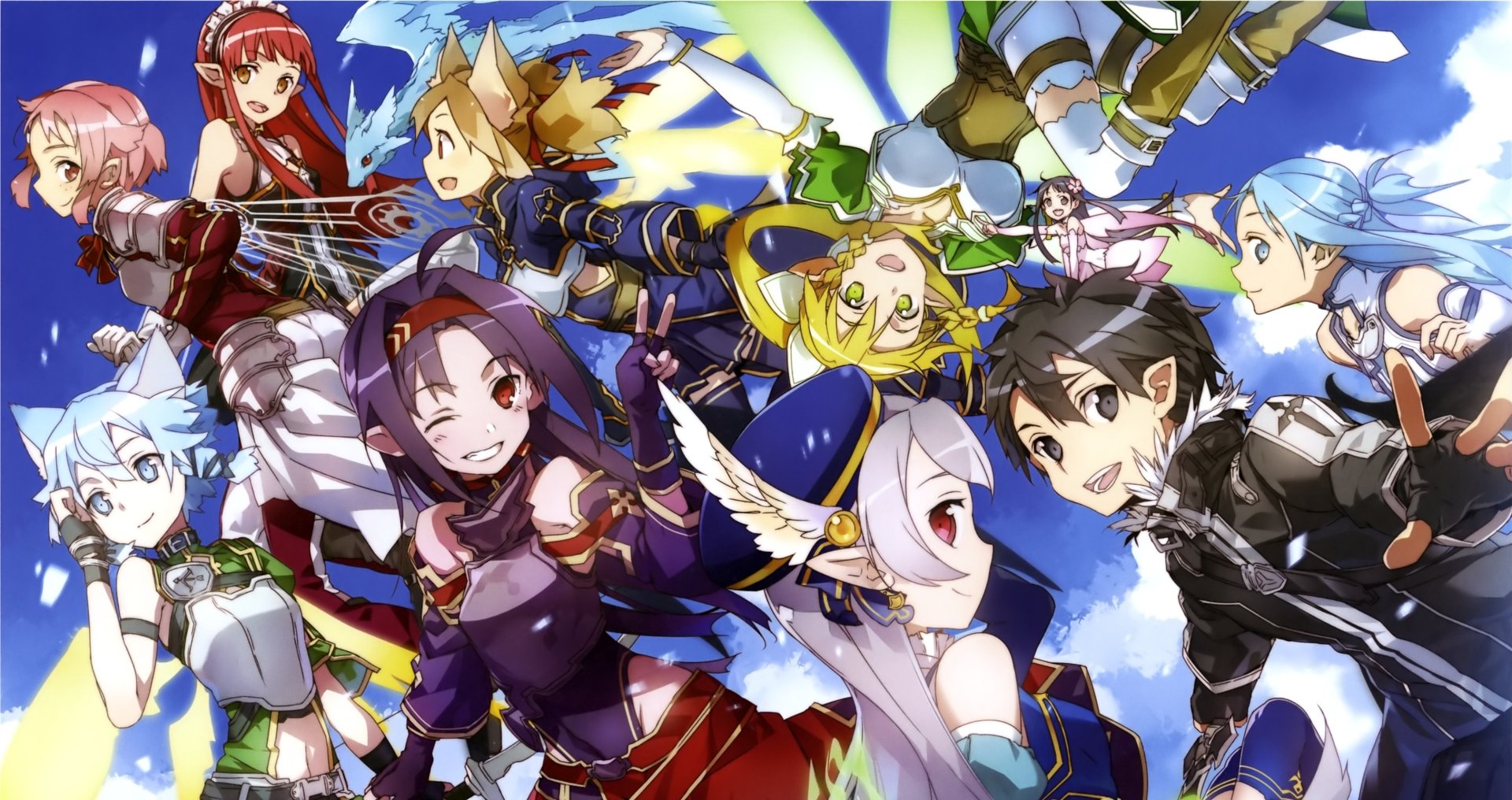 HD desktop wallpaper featuring characters from Sword Art Online II, including Sinon, Lisbeth, Yuuki Konno, Silica, Leafa, Yui, Asuna, and Kirito, set against a vibrant anime backdrop.