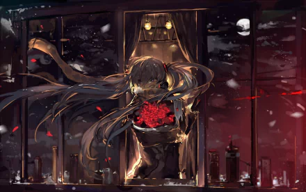 An HD desktop wallpaper of Hatsune Miku from Vocaloid. She stands by a window with long hair, wearing a scarf, holding a red rose with a sad expression in an anime art style.