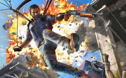 Rico Rodriguez from Just Cause 3 leaps into action amidst a vibrant explosion, showcasing the high-adrenaline essence of the video game in this HD wallpaper.