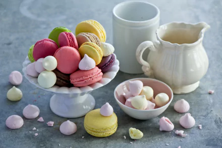 Colorful macarons and white meringue kisses arranged on a pedestal and plates, accompanied by a white ceramic pitcher and cup, set on a gray surface in an HD dessert-themed wallpaper.