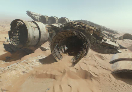 A stunning 4K Ultra HD wallpaper featuring the Millennium Falcon in a desert setting, with a TIE Fighter soaring above, capturing the essence of Star Wars Episode VII: The Force Awakens.