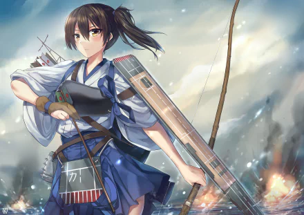 HD PC desktop wallpaper featuring Kaga from Kantai Collection anime, depicted in her traditional outfit with a dynamic battle background.