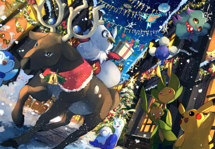 HD anime-style Pokémon desktop wallpaper featuring Pikachu and festive holiday-themed characters in a snowy, lively winter scene.