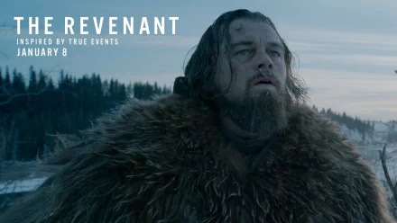 HD desktop wallpaper of Leonardo DiCaprio in The Revenant, set in a snowy wilderness.