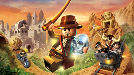 A vibrant HD wallpaper featuring LEGO Indiana Jones from LEGO Indiana Jones 2: The Adventure Continues, showcasing action-packed scenes and iconic characters in a colorful landscape.