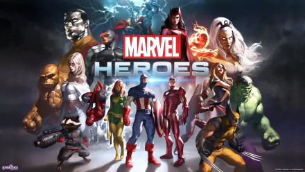 HD PC desktop wallpaper featuring iconic Marvel Heroes characters from the video game, showcasing a powerful and dynamic team lineup.
