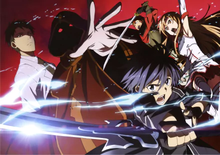 A dynamic HD wallpaper featuring characters from Sword Art Online, including Kirito, Asuna Yuuki, Klein, and Kayaba Akihiko, set against a dramatic action-packed background.