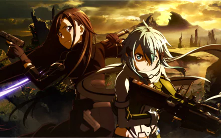 HD desktop wallpaper featuring Sinon and Kirito from Sword Art Online II, set against an intense, dramatic backdrop. Both characters are poised with weapons, showcasing the action-packed essence of the anime.
