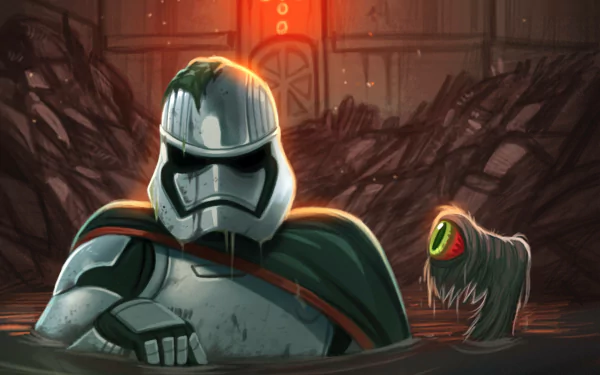 A humorous HD desktop wallpaper featuring Captain Phasma from Star Wars, emerging from water with a quirky creature alongside, set against a dark, dramatic background.