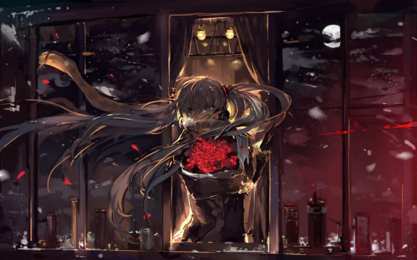 An HD desktop wallpaper of Hatsune Miku from Vocaloid. She stands by a window with long hair, wearing a scarf, holding a red rose with a sad expression in an anime art style.