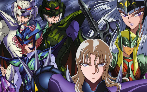 A vibrant HD desktop wallpaper featuring characters from the anime Saint Seiya, showcasing iconic warriors in intricate armor against a dramatic backdrop.