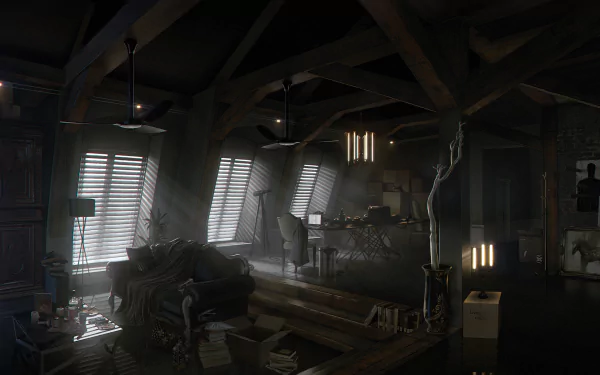 Deus Ex: Mankind Divided 2K Quad HD PC wallpaper — dim industrial loft office with exposed beams, slatted window light, cluttered tech desk, crates and a moody cyberpunk atmosphere.