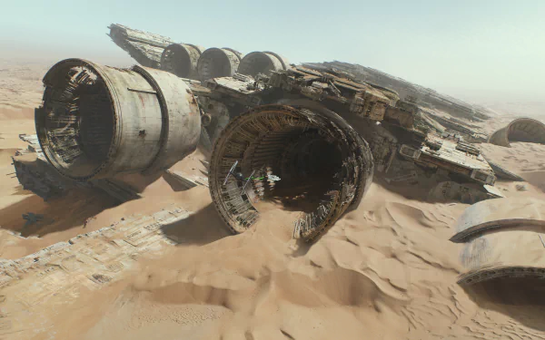 A stunning 4K Ultra HD wallpaper featuring the Millennium Falcon in a desert setting, with a TIE Fighter soaring above, capturing the essence of Star Wars Episode VII: The Force Awakens.