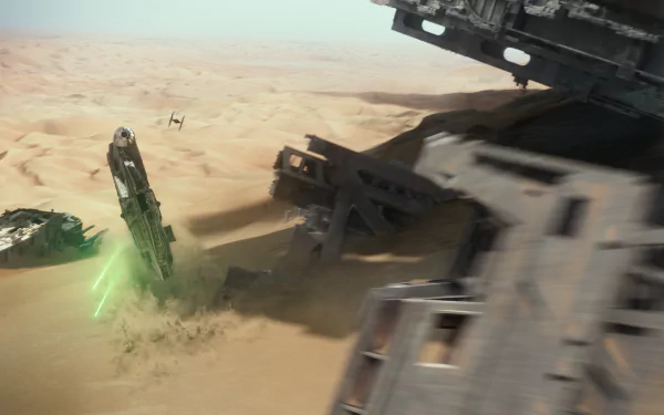 4K Ultra HD Star Wars Episode VII: The Force Awakens wallpaper featuring the Millennium Falcon in a desert battle scene with TIE fighters and laser fire.