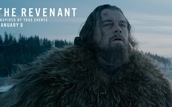 HD desktop wallpaper of Leonardo DiCaprio in The Revenant, set in a snowy wilderness.