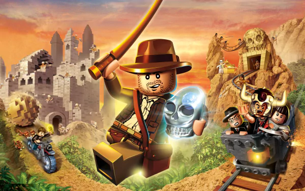 A vibrant HD wallpaper featuring LEGO Indiana Jones from LEGO Indiana Jones 2: The Adventure Continues, showcasing action-packed scenes and iconic characters in a colorful landscape.