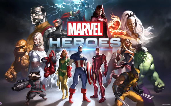 HD PC desktop wallpaper featuring iconic Marvel Heroes characters from the video game, showcasing a powerful and dynamic team lineup.
