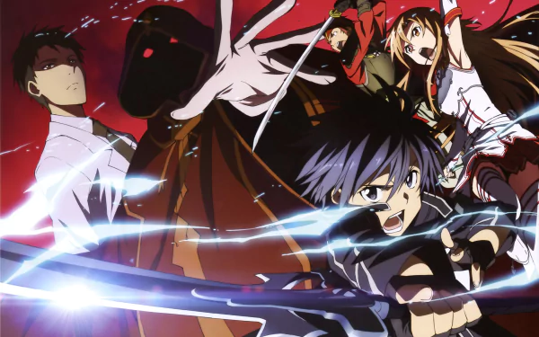 A dynamic HD wallpaper featuring characters from Sword Art Online, including Kirito, Asuna Yuuki, Klein, and Kayaba Akihiko, set against a dramatic action-packed background.