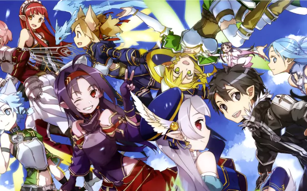 HD desktop wallpaper featuring characters from Sword Art Online II, including Sinon, Lisbeth, Yuuki Konno, Silica, Leafa, Yui, Asuna, and Kirito, set against a vibrant anime backdrop.