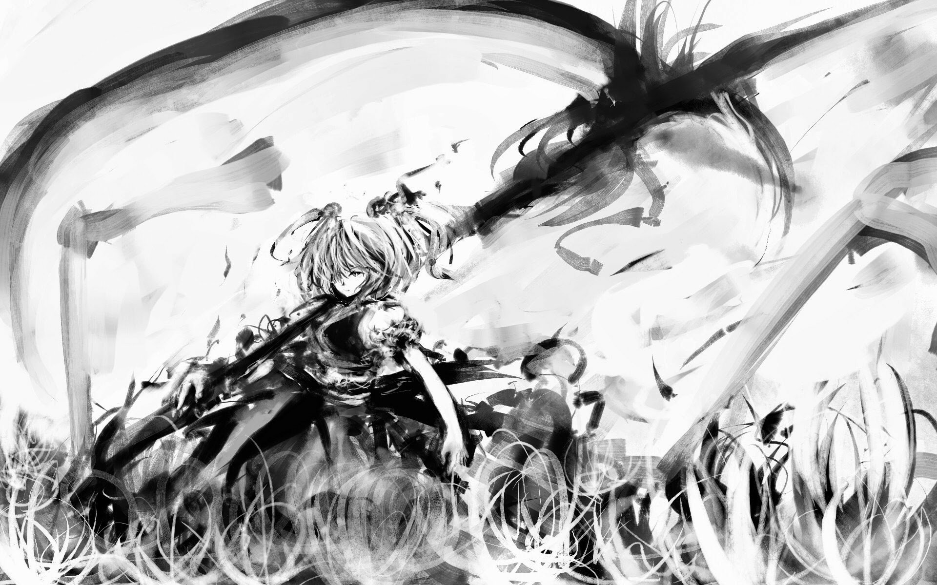 Black and white anime-style HD desktop wallpaper featuring Komachi Onozuka with short hair from Touhou, rendered in dynamic brushstroke art.