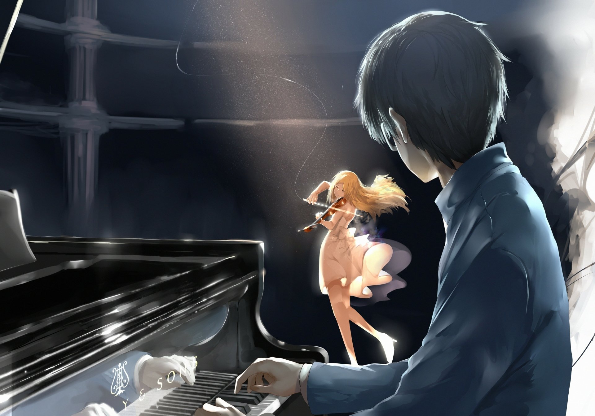 HD desktop wallpaper of the anime Your Lie in April, featuring Kaori Miyazono playing the violin and Kousei Arima at the piano.