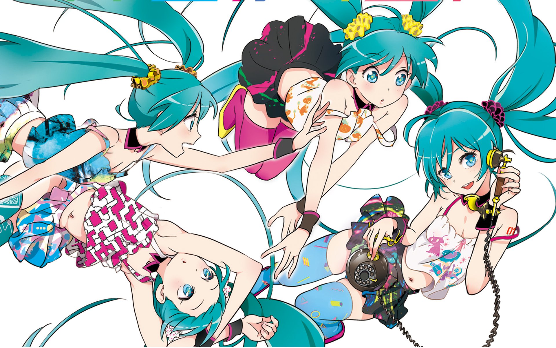 A vibrant anime illustration featuring Hatsune Miku with blue hair in twintails, wearing a stylish skirt and holding a telephone, set against a dynamic background.