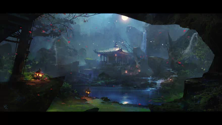 Fantasy temple set in a mystical, moonlit forest landscape with glowing lanterns, designed as a HD PC desktop wallpaper and background.
