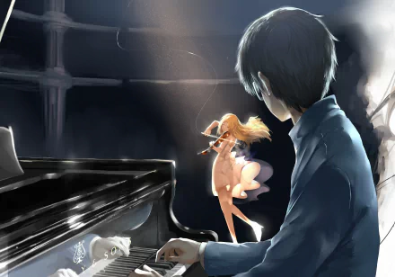 HD desktop wallpaper of the anime Your Lie in April, featuring Kaori Miyazono playing the violin and Kousei Arima at the piano.