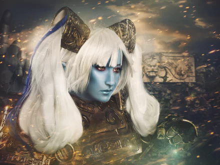 HD desktop wallpaper featuring a woman cosplaying Poppy from League of Legends, showcasing detailed armor and striking white hair in a fantasy setting.