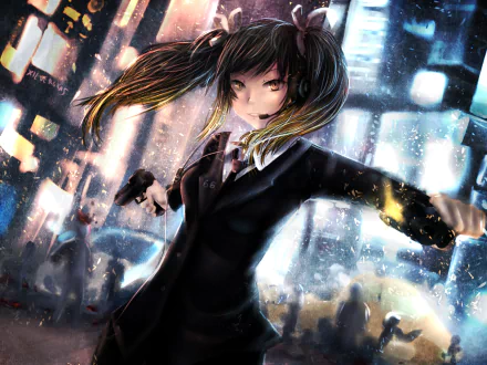 HD anime PC wallpaper featuring Kumo Mitsumi with long black twintails, dressed in a suit, wielding a gun amid a dynamic cityscape background.