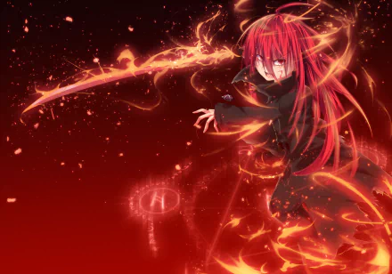 HD anime desktop wallpaper featuring Shana from Shakugan No Shana with red hair and eyes, wielding a glowing katana surrounded by fiery effects.