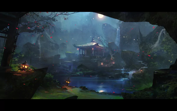 Fantasy temple set in a mystical, moonlit forest landscape with glowing lanterns, designed as a HD PC desktop wallpaper and background.