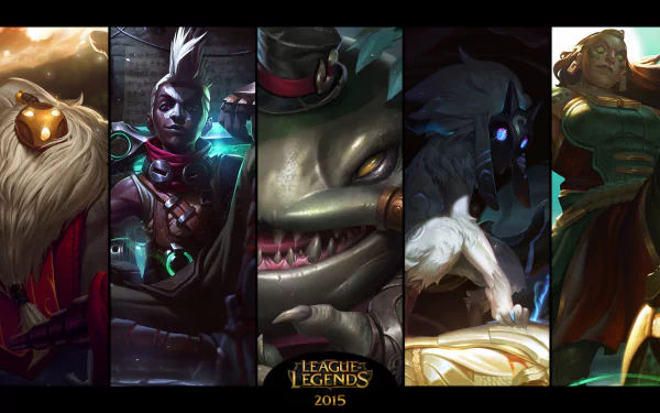HD desktop wallpaper featuring League of Legends champions: Bard, Ekko, Tahm Kench, Kindred, and Illaoi. The background showcases the vibrant and detailed art from the video game, dated 2015.