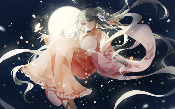 A stunning HD desktop wallpaper featuring Hatsune Miku, depicted with white twintails and a flowing kimono, surrounded by floating petals under a glowing moon.