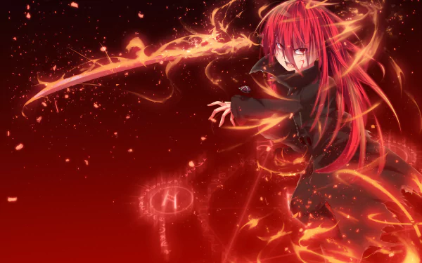 HD anime desktop wallpaper featuring Shana from Shakugan No Shana with red hair and eyes, wielding a glowing katana surrounded by fiery effects.