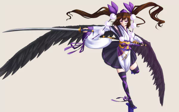 Anime HD desktop wallpaper featuring Hatate Himekaidou from Touhou with long brown twintails, black wings, and a katana in dynamic action pose.