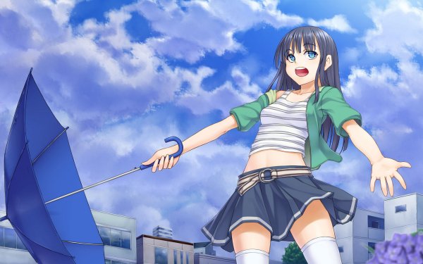 Anime Girl Umbrella Cloud Skirt Long Hair Blue Eyes HD Wallpaper | Background Image